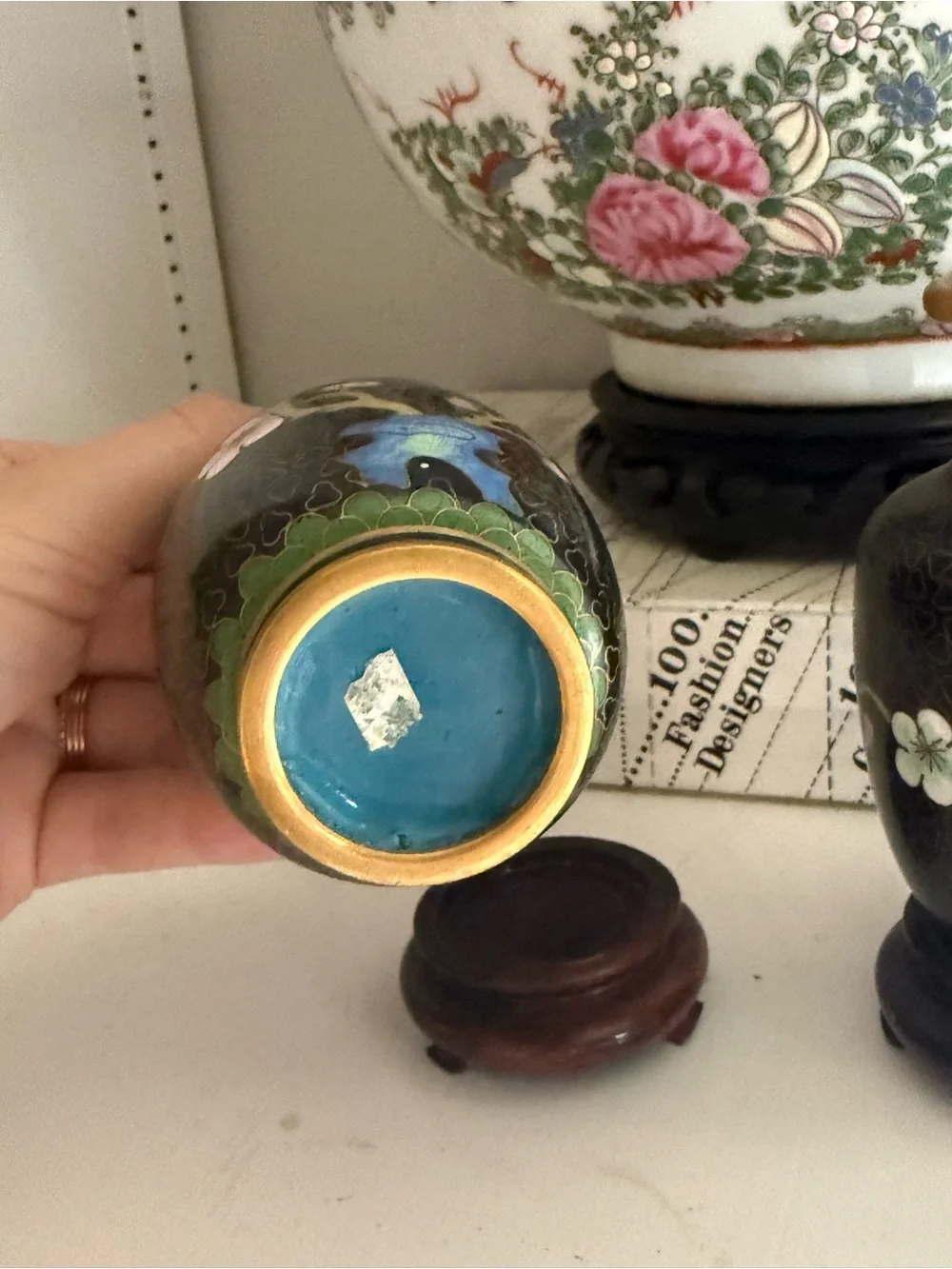 Vintage Black Cloisonné Floral Mini Vases - Pair mirrored - Picture 4 of 6